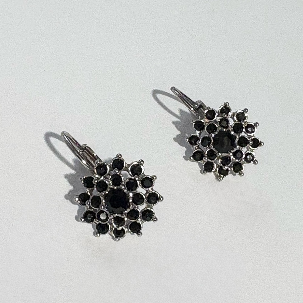Silver Tone Black Floral Rhinestone Lever Back Earrings